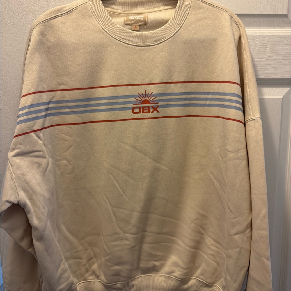 PacSun Outer Banks Cream Crewneck Sweater with Red and Blue Stripes